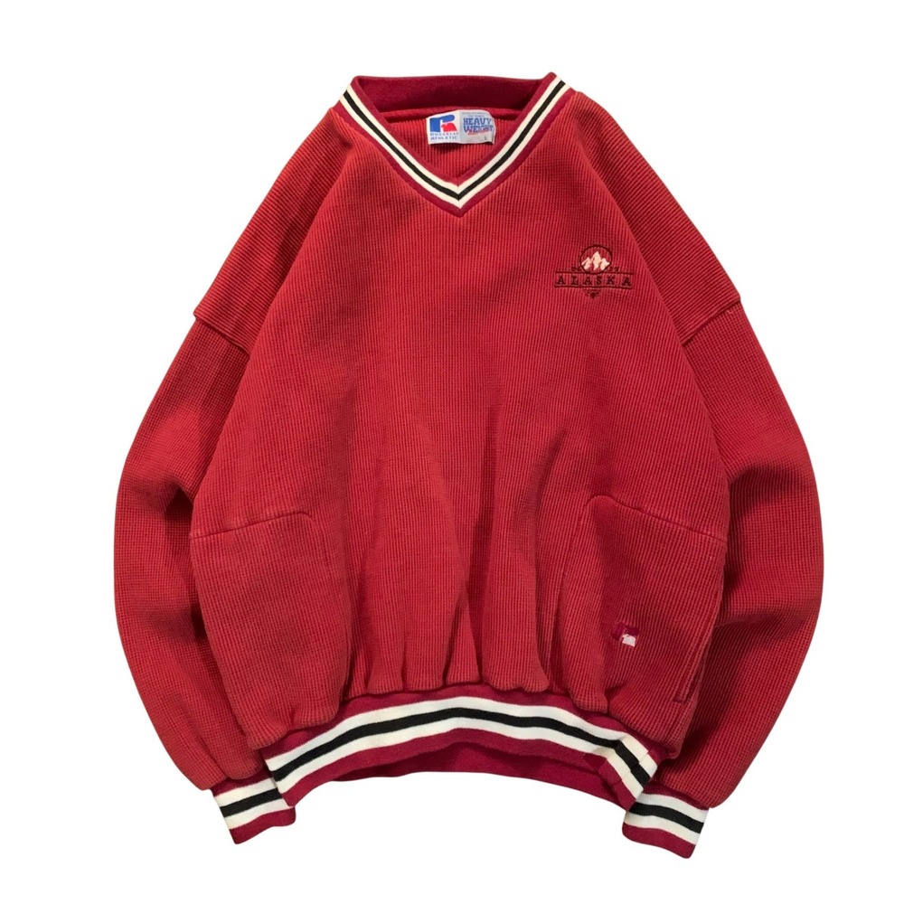 Vintage‎ Russell Athletic Alaska Heavyweight Thermal Pullover Red V-Neck Large